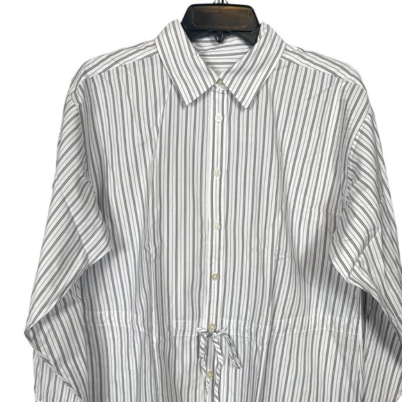 LOFT Striped Drawstring Tunic Shirt Top Small White Gray Business Casual Stretch - Picture 7 of 12